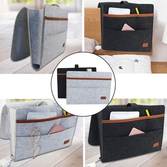 vilten bedcaddy organizer om op te hangen, nachtkastje, tas, bankbed, dik vilt met kabelsgaten, antislip, voor boek, tijdschriften, iPad, mobiele telefoon, afstandsbediening (grijs)