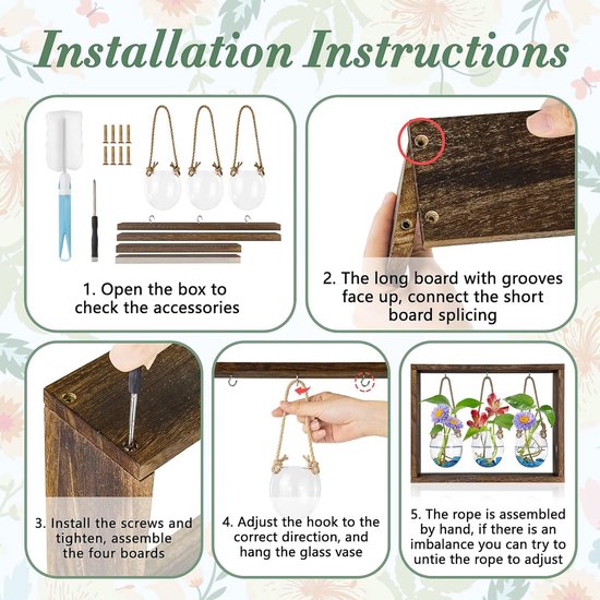 Vaas met vintage houten frame en 3 grote glazen vazen