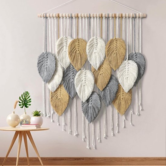 Macramé wandtapijt, groot wandtapijt, geweven wandtapijt, boho, macramé, wandtapijt, geweven wandtapijt, bladveer, wanddecoratie, chique geweven kunst voor slaapkamer, woonkamer, decoratie