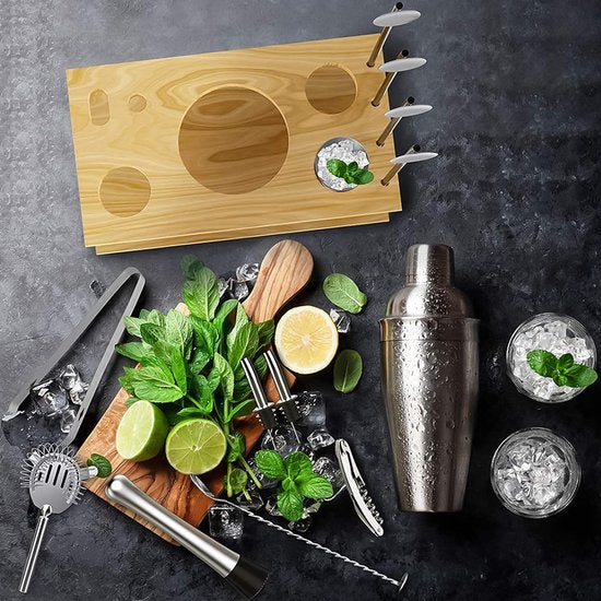 Cocktailset, cocktailshakerset, gemaakt van roestvrij staal, 14-delige barkeeperset, met houten houder, 750 ml, cocktail cadeauset voor thuis of in de bar.
