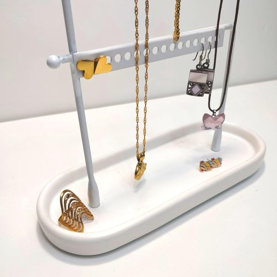 Sieradenstandaard, wit, sieradenorganizer, sieradenboom van metaal voor kettingen en keramiek, sieradenrek voor ringen, oorbellen, armbanden, horloges en accessoires, 17,5 x 7 x 22 cm