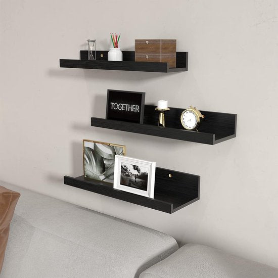 40 cm lang wandrek, zwart, rustiek zwevend rek, fotolijst voor woonkamer, keuken, kinderkamer of slaapkamer, 3 stuks in verschillende maten
