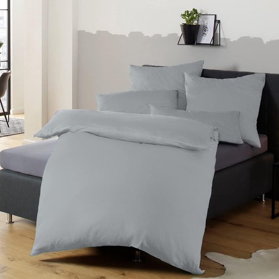 Beddengoed, 155 x 220 cm, grijs, van microvezel, strijkvrij en kreukvrij, 1 dekbedovertrek + 1 kussensloop van 80 x 80 cm met ritssluiting