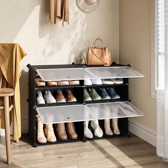 Schoenenrek, kastorganizer, kast slaapkamer, schoenenrek, reksysteem, stapelbaar, schoenenkast, voor hal, slaapkamer, ingang, zwart met transparante deuren (2 x 4)