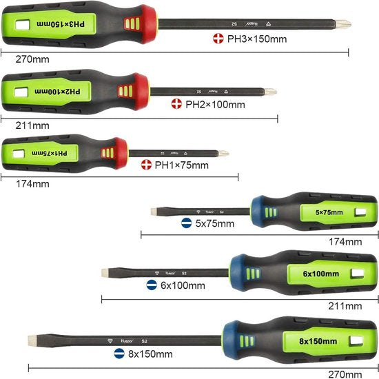 6 stuks magnetische schroevendraaierset, 3 sleuven en 3 kruiskop schroevendraaierset met diamantpunt, roestbestendige schacht, kleurgecodeerde antislip handgreep voor reparatie