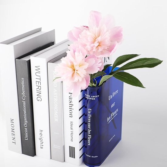 Heldere boekenvaas voor bloemen, Buchvaas voor Blumen esthetisch kamerdecor, acryl Buchvaas voor huisdecoratie, artistieke en culturele smaak bloemstuk (blauwe kleur)