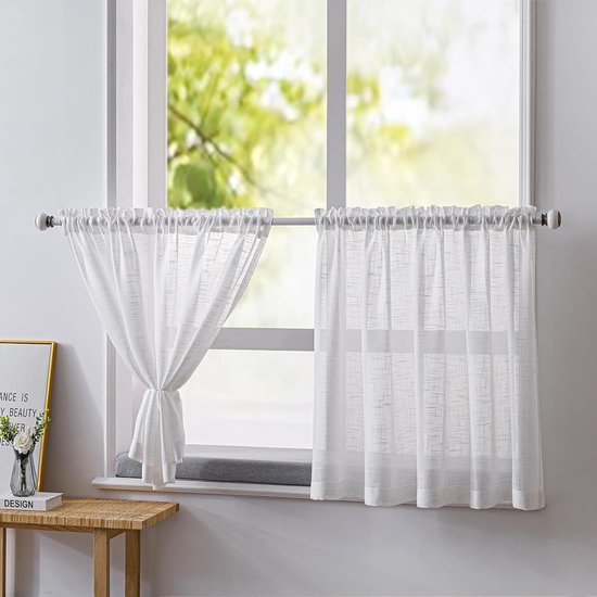 Set van 2 vitrage, halftransparant, bistrogordijnen, wit, raamgordijn, halve keuken, gordijnen, raamgordijn voor kleine ramen, keuken, woonkamer, landhuis (wit, 60 x 45 cm (b x h)