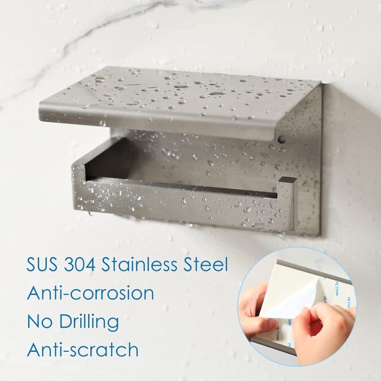 Toiletrolhouder met plankje, roestvrij staal, voor aan de muur, zelfklevend, je hoeft niet te boren, voor badkamer, toilet, keuken, zilverkleurig