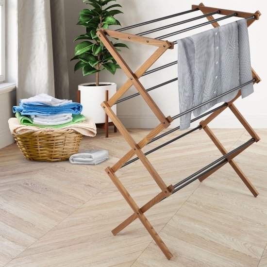 Staande droger van hout - inklapbaar torenwasrek met 11 stalen staven en 7 m² droogoppervlak - ecologisch wasrek, ruimtebesparende droger (97 cm hoog)