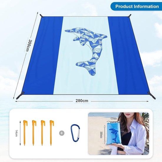 Stranddeken, zandvrij, 300 x 280 cm, XXL, strandhanddoek, picknickdeken, waterdicht, strandmat, groot, voor vakantie, strand, camping, reizen (300 x 280 cm, dolfijn)