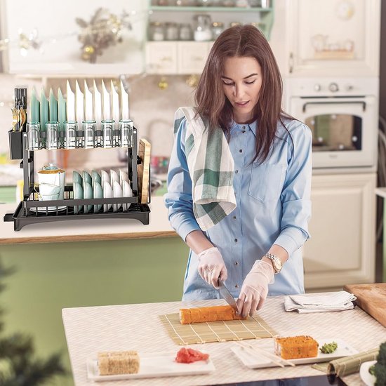 Afdruiprek, zwart, 2-traps afdruiprek, roestvrij staal, vaatdroger met keukengereihouder en lekbak, bord, bestek, afdruiprek, bekerhouder voor keuken