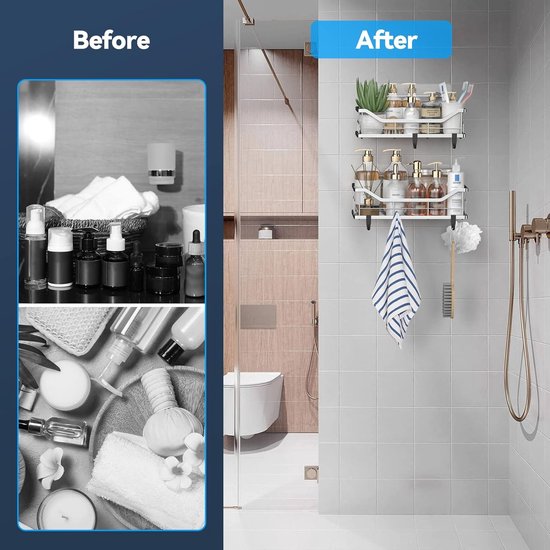 Doucheplank zonder boren, 3 stuks roestvrijstalen douchemand met 4 + 5 haken, grote capaciteit, doucherek voor badkamer, wasruimte, toilet, keuken, douche (zilver)