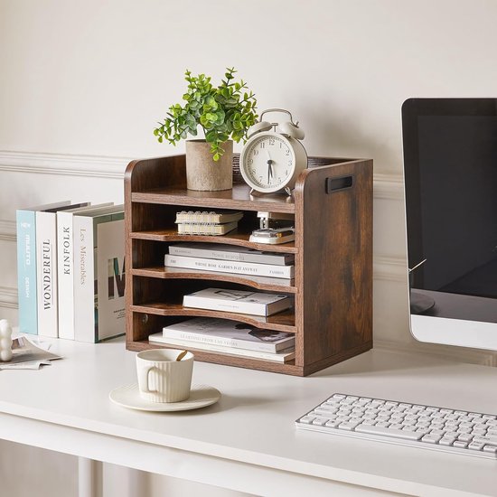 Houten bureaublad, 4 niveaus in het vak, A4-formaat, archiefhouder, magazijn, organizer, papieropslag, kantoor, bureau, netjes aktenhouder, rek, bruin