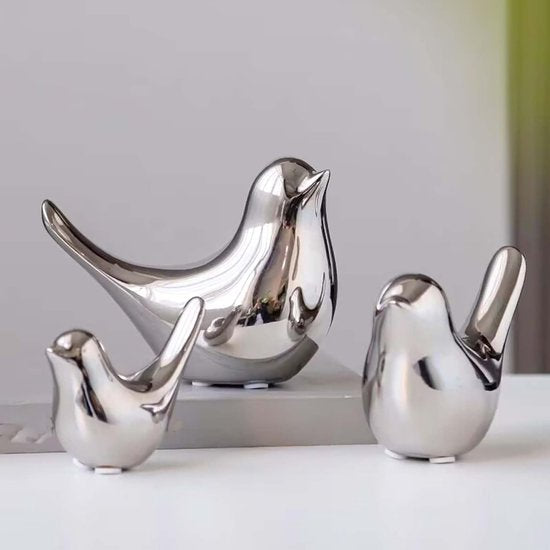 Set van 2 vogelbeelden, moderne dierensculpturen, keramische huissculptuur decoratie voor ornamenten in de woonkamer, slaapkamer, kantoor, bureau en kasten (zilver)