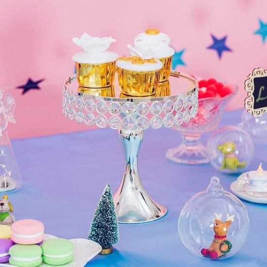 Zilveren bruiloft taartstandaard: koninklijke spiegelplaat van metaal hoog met kristallen kralen, standaard voor verjaardagstaarten cupcakes middagthee cake babyparty desserttafel, 20 cm