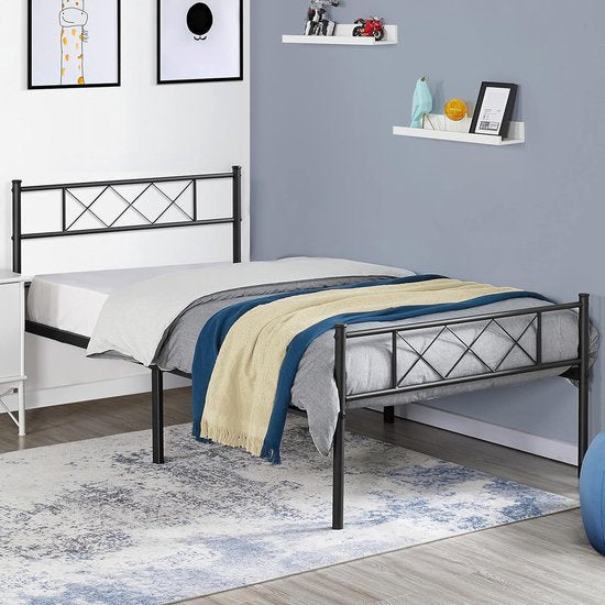 Modern metalen bedframe met lattenbodem, tweepersoonsbedframe met hoofdeinde, logeerbed voor slaapkamer en logeerkamer, 90 x 200 cm, zwart