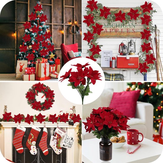 Artificial Christmas Star 4 Pieces Poinsettia Christmas Flower Artificial Flower Ornaments for Wedding Christmas Party Decoration (Red)