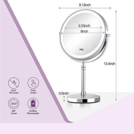 Make-upspiegel verlicht met 1X/10X vergroting en dimbare helderheid, oplaadbare dubbelzijdige make-up make-upspiegel 360° draaibaar voor thuis