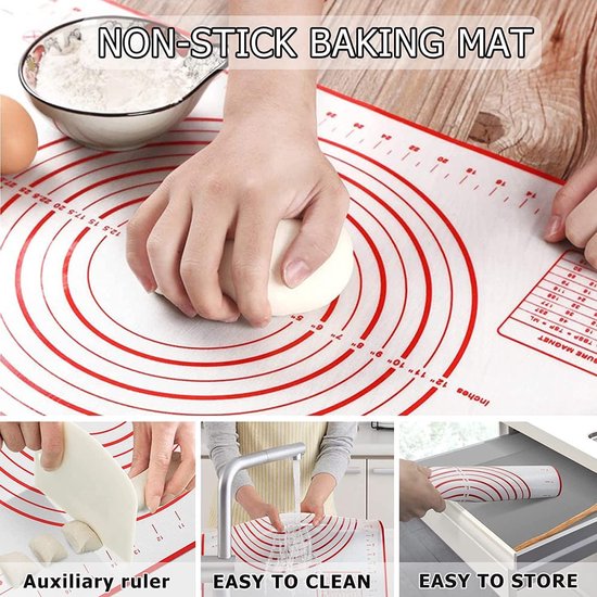 Deegroller van roestvrij staal, 43 cm grote deegroller met houten handgrepen + bakmat, siliconen met afmetingen, anti-aanbak, bakaccessoires voor bakken, fondant, pizza, cake, pasta en