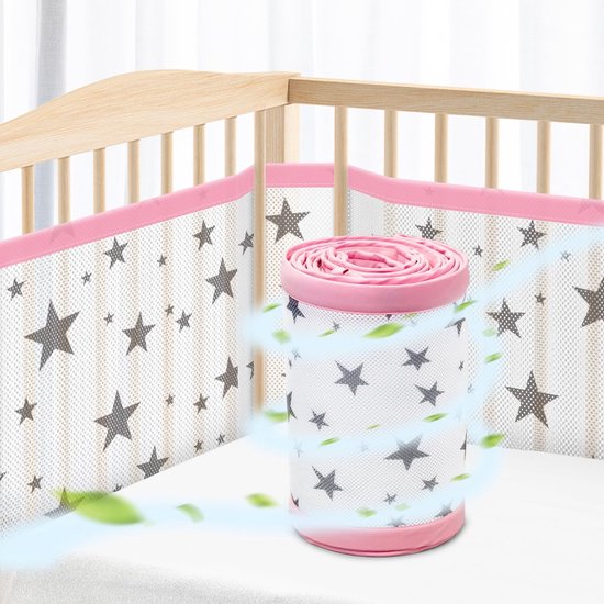 Babynestje bedomranding babybed omrandingen 70 x 140 cm kinderbed - hoogwaardig mesh ademend bijzetbed - roosterbescherming bescherming tegen inklemmen - sterpatroon roze