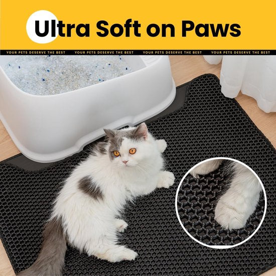 Kattenbakmat, hoogwaardige dubbellaagse waterdichte kattenmat, honingraatpatroon om de strooiverdeling te regelen, eenvoudige reiniging voor de kattenbakmat (zwart, groot, 76 x 61 cm)