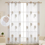 Voile gordijn linnenlook gordijn met ogen transparant gordijn met borduurwerk blad, 175 x 140 cm (hoogte x breedte), linnen + wit, set van 2
