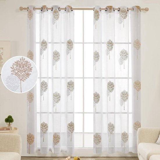 Voile gordijn linnenlook gordijn met ogen transparant gordijn met borduurwerk blad, 175 x 140 cm (hoogte x breedte), linnen + wit, set van 2