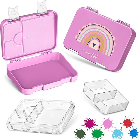 lunchbox voor kinderen, met 4 + 2 vakken, extreem robuust, broodtrommel, ideaal voor de kleuterschool en school (roze, regenboog)