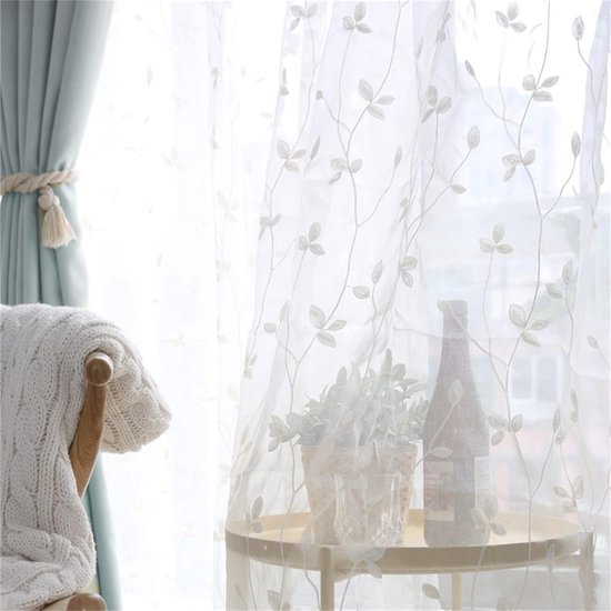 Boho bloemengordijnen, boerderij, voile, landhuisstijl met stangdoorgang, wit, outdoor gordijnen, decoratieve sjaals, half-transparante gordijnen, 2 stuks, woonkamer, vintage stores, gordijn