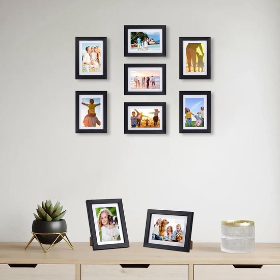 Fotolijst 10x15 CM 9-delige set, geschikt voor 10x15 foto's met passe-partout of 13x18 zonder passe-partout, voor muur en tafel, zwart