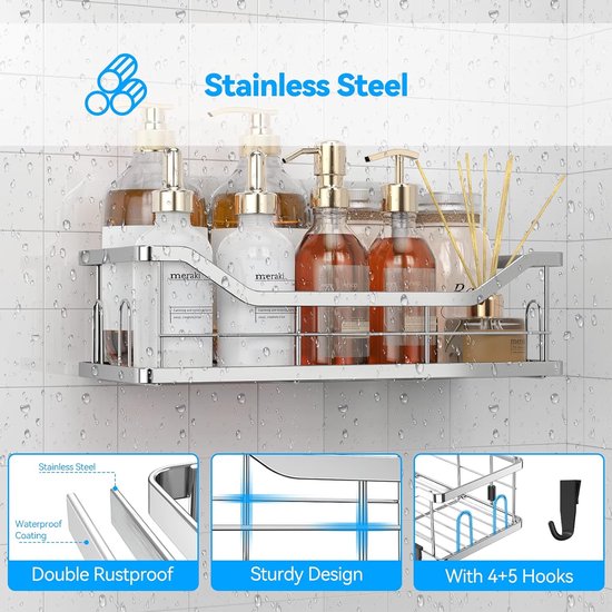 Doucheplank zonder boren, 3 stuks roestvrijstalen douchemand met 4 + 5 haken, grote capaciteit, doucherek voor badkamer, wasruimte, toilet, keuken, douche (zilver)