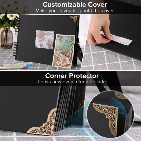 Fotoalbum, 80 pagina's, zwart, scrapbooking-album, 29,5 x 21 cm, met 6 metalen stiften, voor 160 foto's, gastenboek voor verjaardag en bruiloft (zwart)
