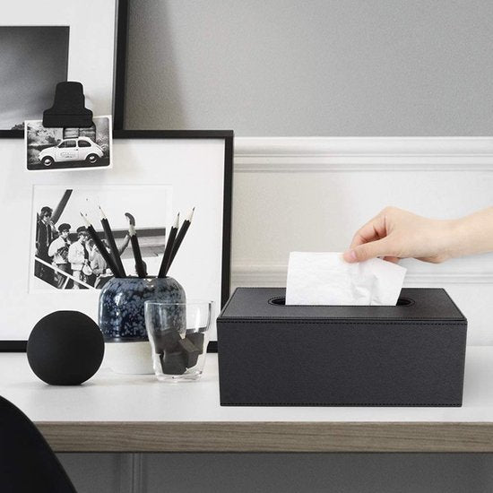 PU-lederen cosmeticadoekendoos, rechthoekige papieren doekjesbox, tissuebox met magnetische afdekking en mooie steken voor eetkamer, badkamer, slaapkamer, auto, kantoor - zwart