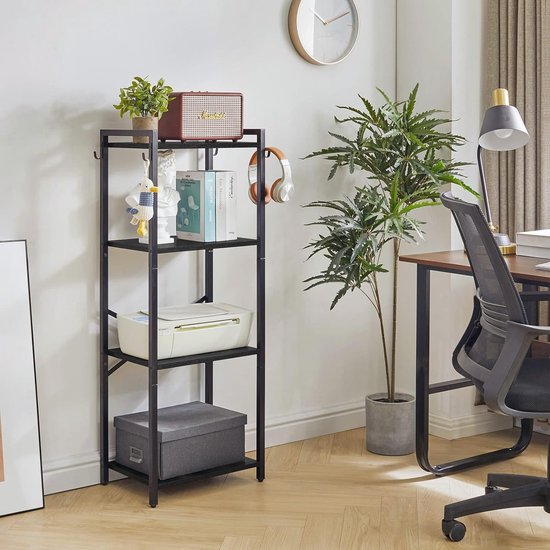 Boekenrek, 4 verdiepingen opbergrek, plantenrek, opbergrek met stalen frame, voor woonkamer, kantoor, werkkamer, hal, industriële stijl, zwart