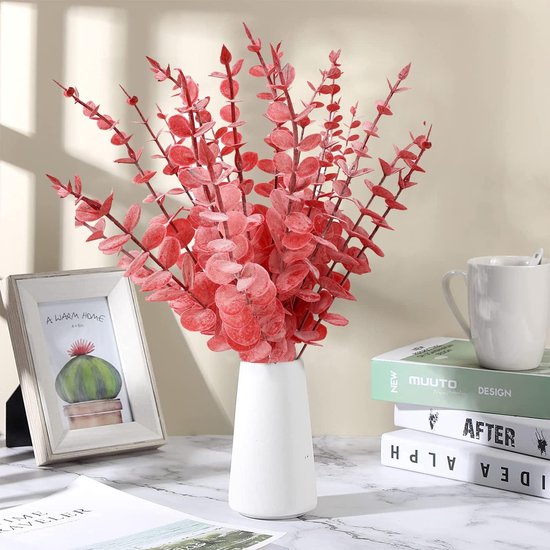 Kunstmatige eucalyptus decoratieve tak, pakket van 20 planten, eucalyptusbladeren, eucalyptusstam, kunstplanten, kunstmatige eucalyptusbomen, zilveren dollar, nepplant (20, rood)
