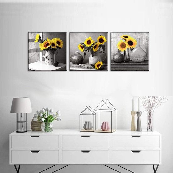 Zonnebloem foto canvas foto canvas zonnebloemen verlangen naar zon kunstdrukken op canvas schilderij woondecoratie voor woonkamer slaapkamer hal muur Kerstmis 30 x 30 cm 3-delige set