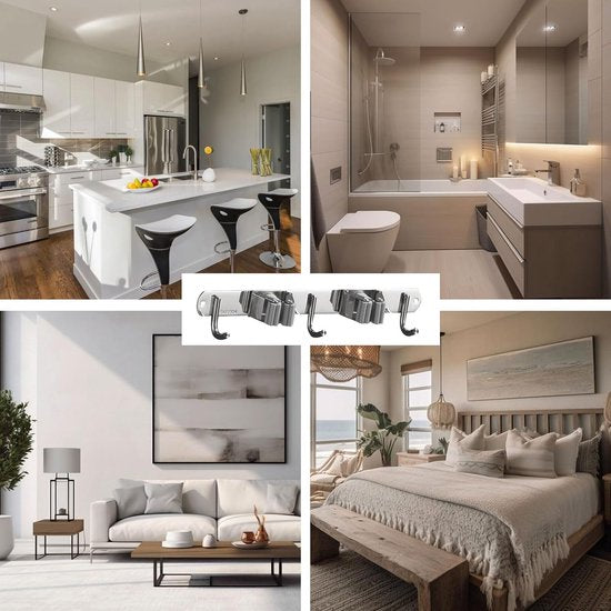 Bezemhouder muur, gereedschapshouder RVS met 2 houders en 3 haken, bezemsteelhouder, tuingereedschaphouder muur, muurbevestiging, bezemhouder voor badkamer, tuin, garage