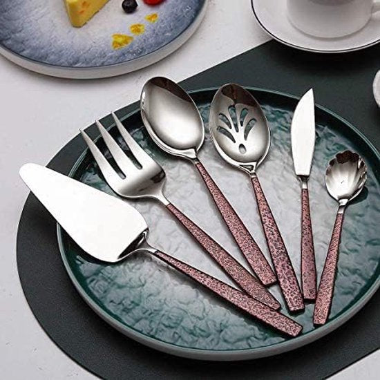 30-delige bestekset met handvat in maanoppervlak en glanzende gouden titaniumcoating, moderne roestvrijstalen bestekset, bestekset, 6 couverts.