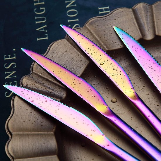 Bestekset, 12-delig, premium roestvrij staal, 6 tafelvorken en 6 tafelmessen, steakvorken voor 6 personen, vaatwasmachinebestendig (glanzend bont)