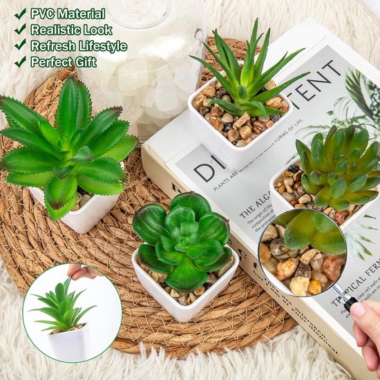 Cadeauset voor kunstplanten: 4 unieke groene kunstmatige vetplantplanten