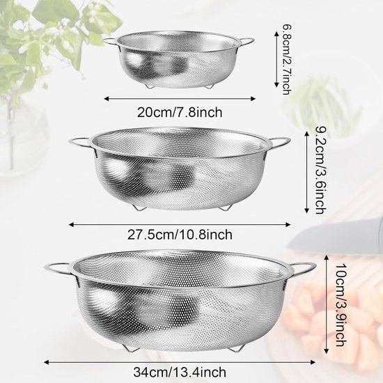 Keukenzeef, set van 3, roestvrijstalen pastazeef, microgeperforeerde keukenzeef, metalen zeef, roestvrijstalen vergiet voor pasta, fruit, rijst, groenten - 16/22/28 cm