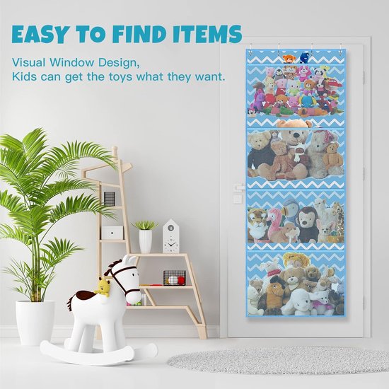 Opbergtas voor knuffeldieren, voor knuffeldieren, babyaccessoires en vochtige doeken, ademende hangorganizer met 4 grote vakken voor kinderkamer, slaapkamer