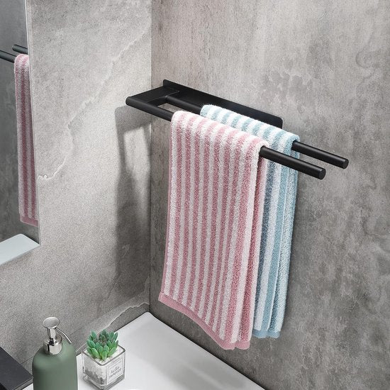Handdoekenrek, zonder boren, zwart mat handdoekenrek, badkamer, roestvrij staal, badhanddoekrek, zelfklevend handdoekenrek, dubbel, 39 cm