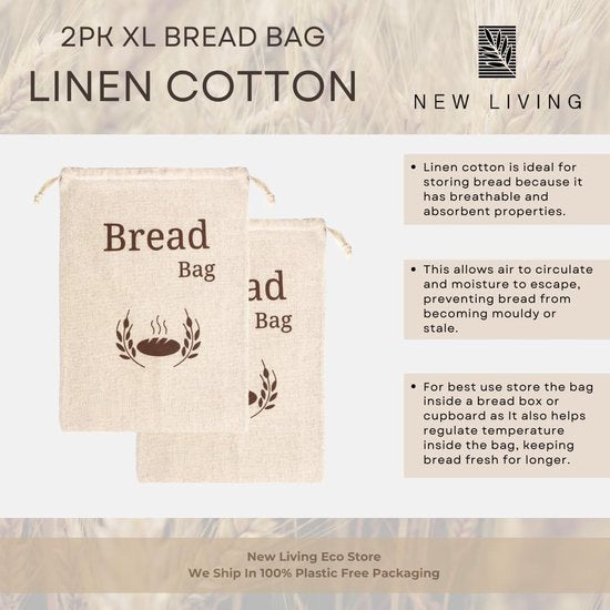 New Living broodzak van 100% biologisch linnen katoen | 44x35cm | 2 x herbruikbare broodzakken | Voedselbewaarzakken | broodzak | Eco-broodzak