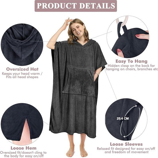 Beach Surf Poncho with Pocket, Water Absorbent Wetsuit, Changing Table Hoodie, Towel Poncho Bathrobe for Surfing, Swimming, Bathing for Adults, Men, Women, Sandproof