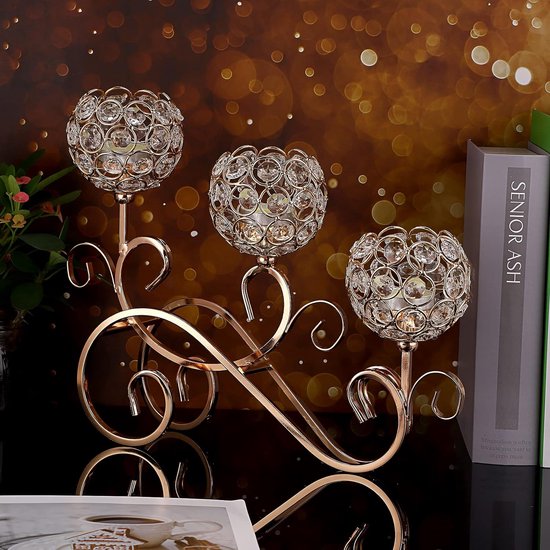 Gouden S-vormige kristallen kandelaar 3-armige kristallen schalen gemaakt van glas Metalen kandelaar Theelicht Decoratieve kandelaar Kaarsenhouder voor Kerstmis Halloween Bruiloft (groot)