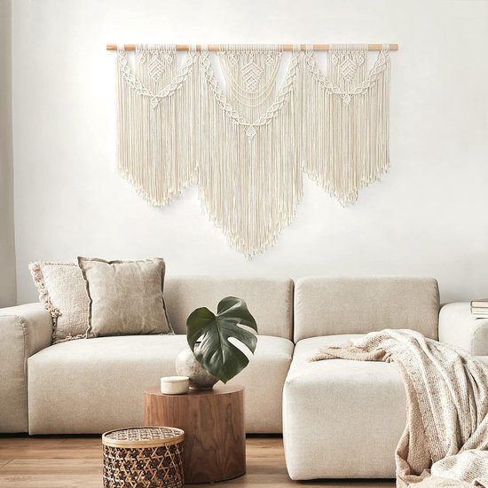 Macramé wandtapijt, groot boho-geweven wandtapijt, bladeren, kwastjes, Boheems tapijt, katoenen touw, macramé, wanddecoratie voor slaapkamer en woonkamer, achtergrond, 110 x 80 cm