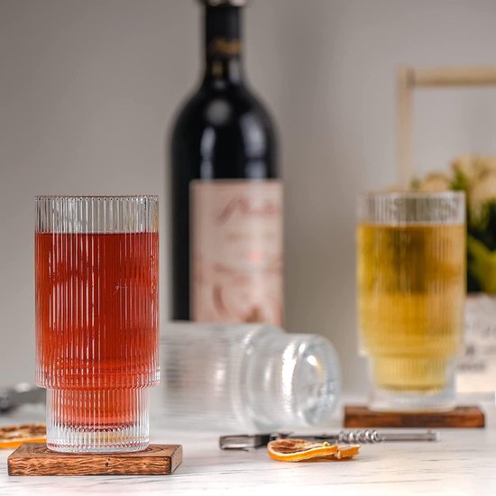 glazenset met glazen rietje, 4 stuks, 310 ml, longdrinkglazen, Origami-stijl, glazen beker, Ripple vintage glaswerk, glazenset ideaal voor cocktails en UMD koffieglazen