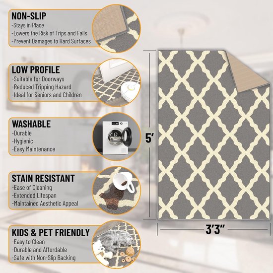 Glamour Collectie Vloerkleed met rubberen achterkant en elegant rasterontwerp, 100 x 150 cm, grijs.