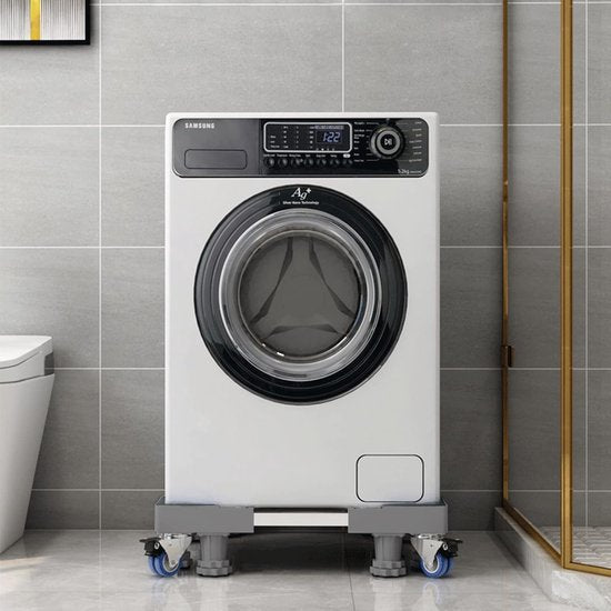 Onderstel voor wasmachine, dubbele buizen, 8 poten en 4 wielen voor wasmachine, koelkast en droger, verstelbare wasmachinesokkel met antislip schokdempingsfunctie